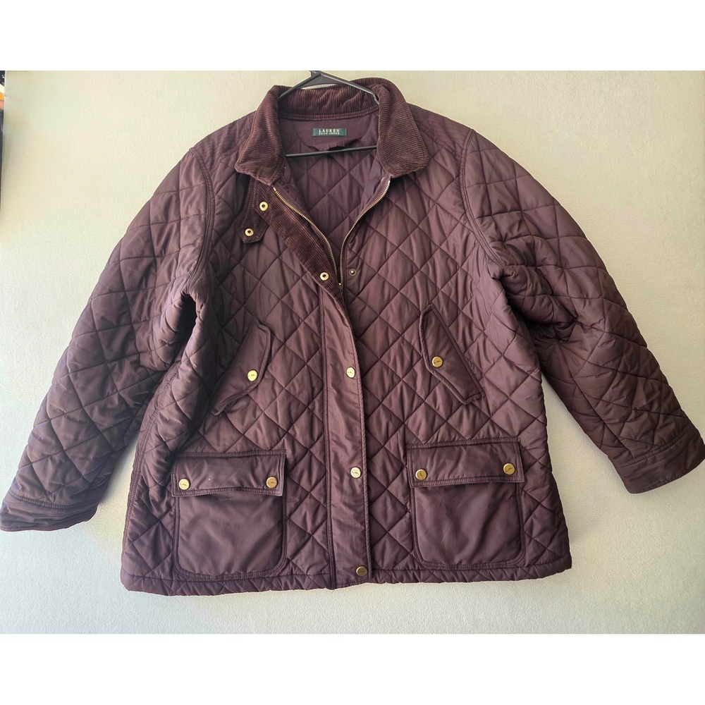 Lauren Ralph Lauren Quilted Jacket Womens 2XL Brown Corduroy Trim Barn Coat